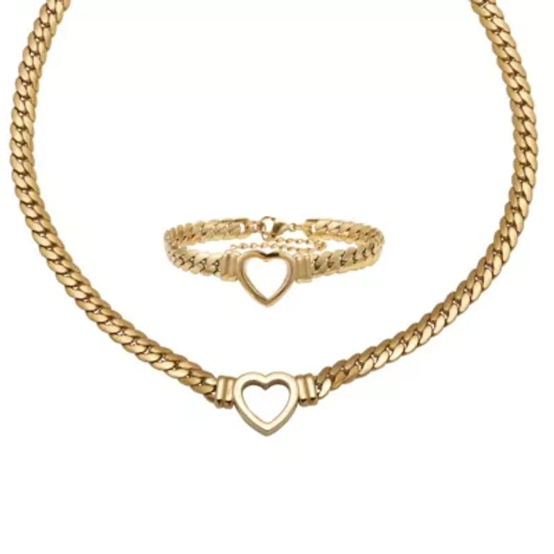 Yellow Gold Ion-Plated Stainless Steel Heart Bracelet And Necklace 16 Inch