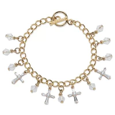 Cross-Shaped and Round Crystal Goldtone Charm Toggle Bracelet 7.5"