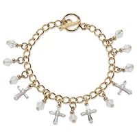 Cross-Shaped and Round Crystal Goldtone Charm Toggle Bracelet 7.5"