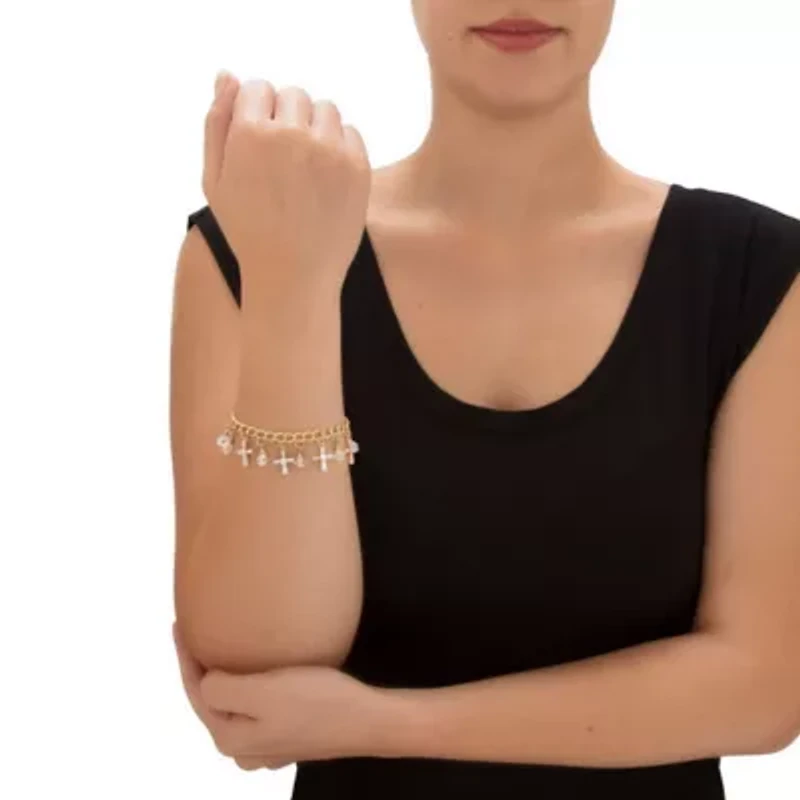 Cross-Shaped and Round Crystal Goldtone Charm Toggle Bracelet 7.5"