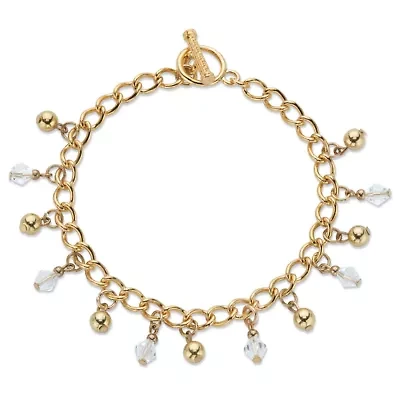 Round Crystal Goldtone Beaded Toggle Charm Bracelet 7.5"