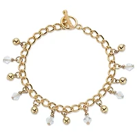 Round Crystal Goldtone Beaded Toggle Charm Bracelet 7.5"