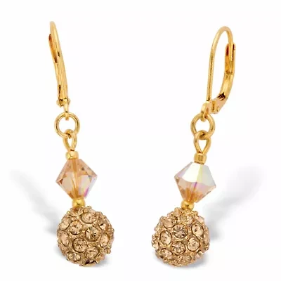 Champagne Crystal Goldtone Beaded Lever Back Drop Earrings 1 1/3"