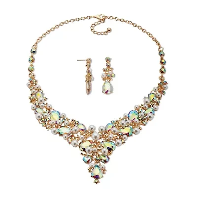 Goldtone A Borealis Crystal & Simulated Pearl Earring & Necklace Set 18"-20.5"
