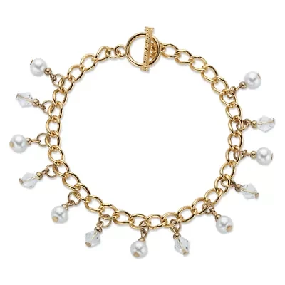Genuine Cultured Freshwater Pearl and Crystal Goldtone Charm Bracelet 7.5"