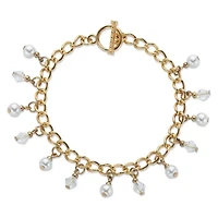 Genuine Cultured Freshwater Pearl and Crystal Goldtone Charm Bracelet 7.5"