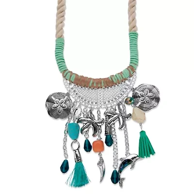 Crystal Silvertone Beach Themed Corded Fringe Necklace 19"-20.5"