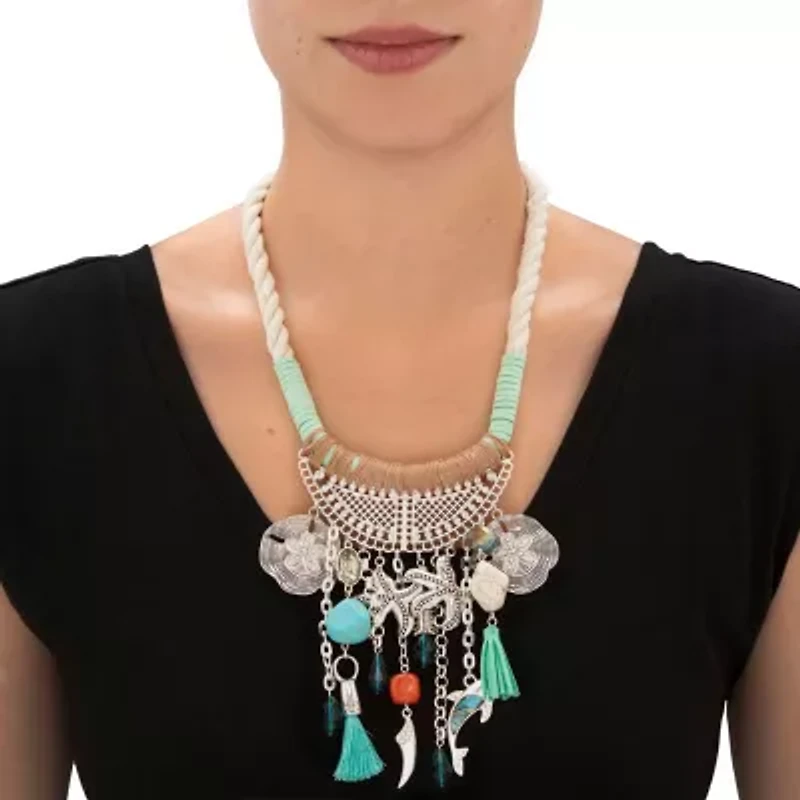 Crystal Silvertone Beach Themed Corded Fringe Necklace 19"-20.5"