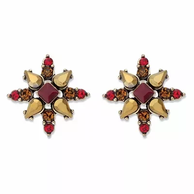Red and Brown Multi-Cut Crystal Antiqued Goldtone Starburst Button Earrings