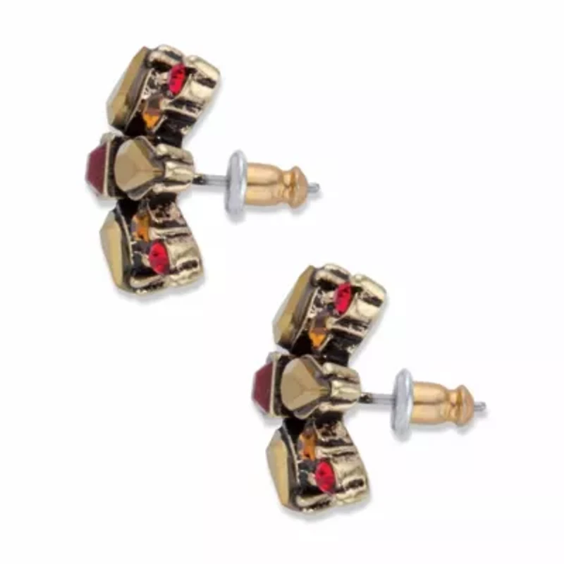 Red and Brown Multi-Cut Crystal Antiqued Goldtone Starburst Button Earrings