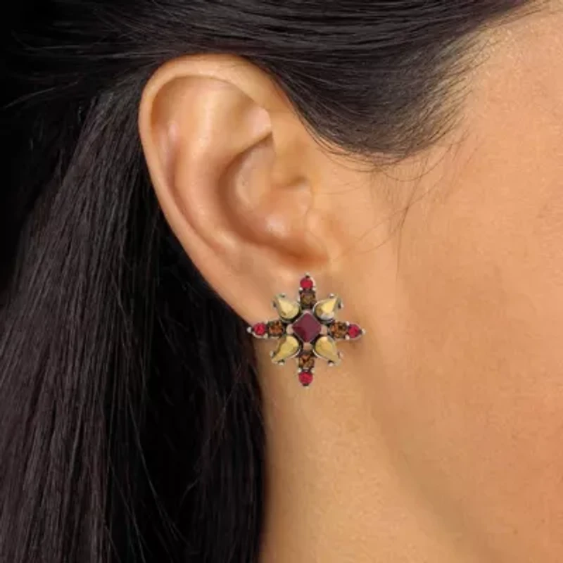 Red and Brown Multi-Cut Crystal Antiqued Goldtone Starburst Button Earrings