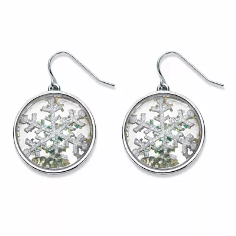 Round Crystal Silvertone Holiday Snowflake Drop Earrings 1"