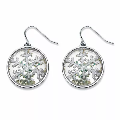 Round Crystal Silvertone Holiday Snowflake Drop Earrings 1"
