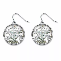 Round Crystal Silvertone Holiday Snowflake Drop Earrings 1"