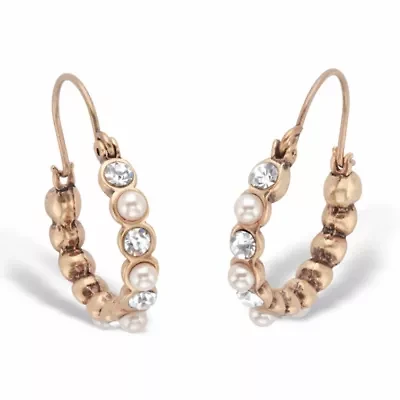 Bezel-Set Crystal and Simulated Pearl Goldtone Hoop Earrings 1 1/8"