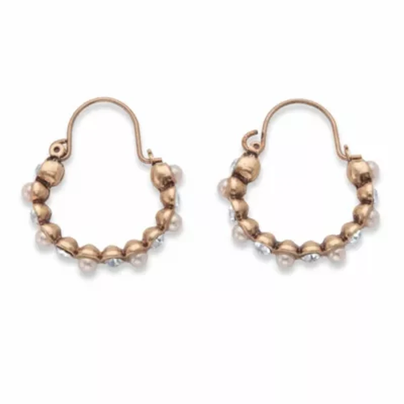 Bezel-Set Crystal and Simulated Pearl Goldtone Hoop Earrings 1 1/8"