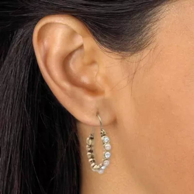 Bezel-Set Crystal and Simulated Pearl Goldtone Hoop Earrings 1 1/8"