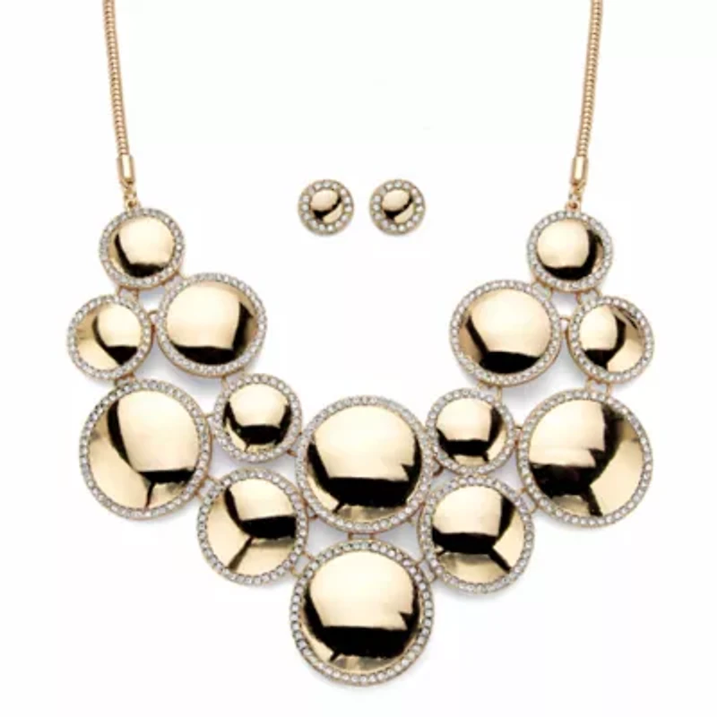 Crystal Goldtone Halo Disc Button Earring and Bib Necklace Set 20"-22.5"