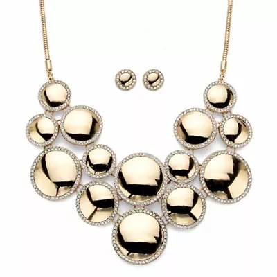 Crystal Goldtone Halo Disc Button Earring and Bib Necklace Set 20"-22.5"