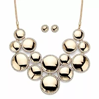 Crystal Goldtone Halo Disc Button Earring and Bib Necklace Set 20"-22.5"