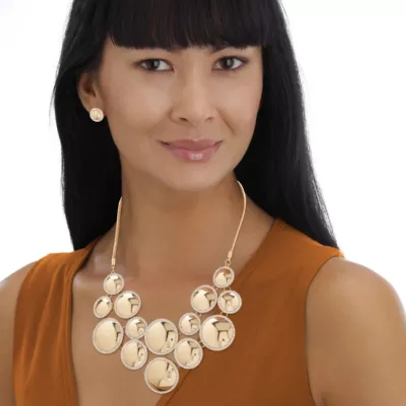 Crystal Goldtone Halo Disc Button Earring and Bib Necklace Set 20"-22.5"