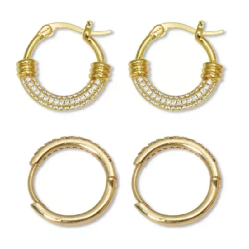 Round Crystal Goldtone Hoop Earrings, 2-Pair Set