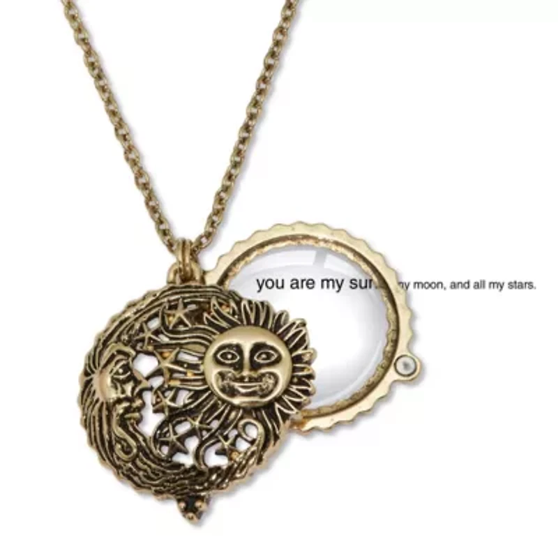 Antiqued Goldtone Sun Moon Stars Magnifying Glass Pendant Necklace 18 inch