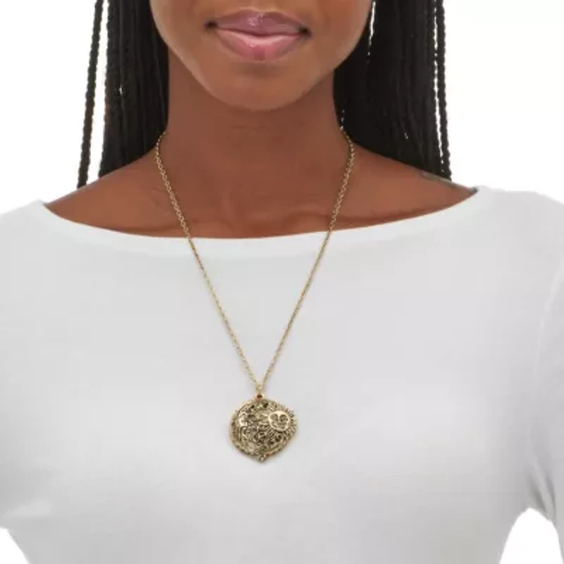 Antiqued Goldtone Sun Moon Stars Magnifying Glass Pendant Necklace 18 inch