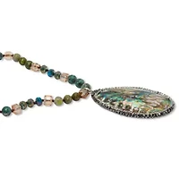 Genuine Jasper and Mother of Pearl Silvertone Drop Necklace 34-inch