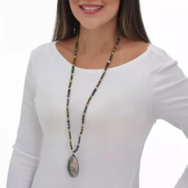 Genuine Jasper and Mother of Pearl Silvertone Drop Necklace 34-inch