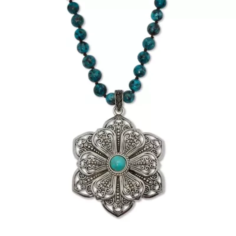 Round Genuine Jasper and Simulated Turquoise Silvertone Flower Necklace 34-inch