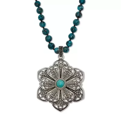 Round Genuine Jasper and Simulated Turquoise Silvertone Flower Necklace 34-inch
