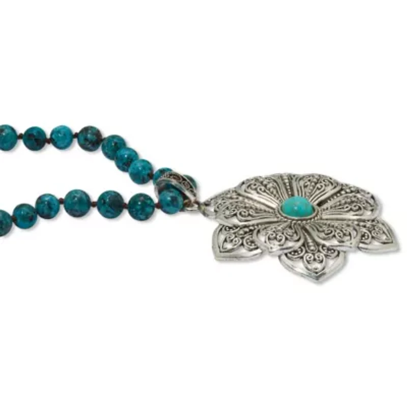 Round Genuine Jasper and Simulated Turquoise Silvertone Flower Necklace 34-inch