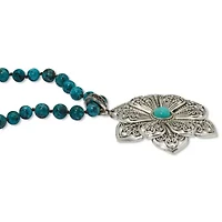 Round Genuine Jasper and Simulated Turquoise Silvertone Flower Necklace 34-inch