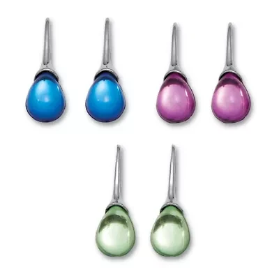 Pear Shaped Colorful Crystal Silvertone Drop Earrings, 3-Pair Set