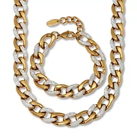 Round Crystal Gold Ion-Plated Stainless Steel Link Necklace Set 18 to 20-inch