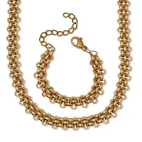 Fancy Yellow Gold Ion-Plated Stainless Steel Link Necklace Set 18-inch