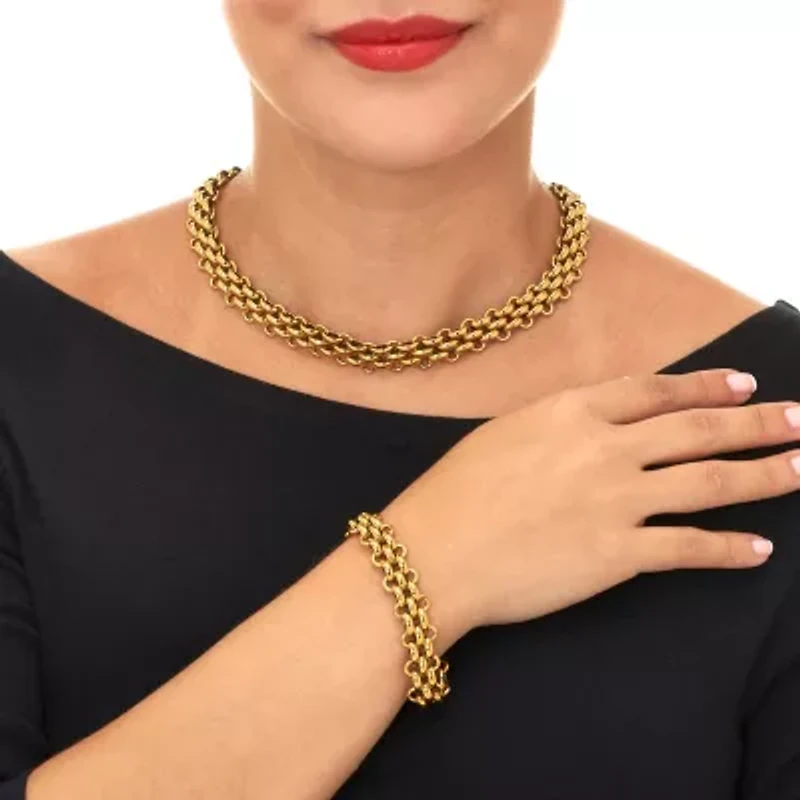 Fancy Yellow Gold Ion-Plated Stainless Steel Link Necklace Set 18-inch