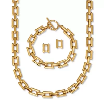 Yellow Gold Ion-Plated Stainless Steel Square Link Jewelry 3-Piece Set