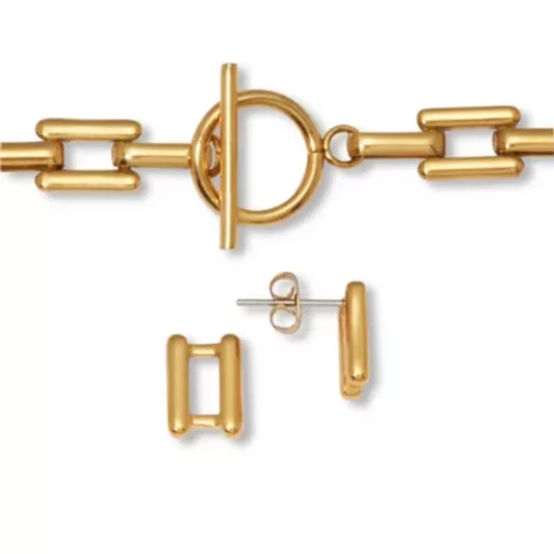 Yellow Gold Ion-Plated Stainless Steel Square Link Jewelry 3-Piece Set
