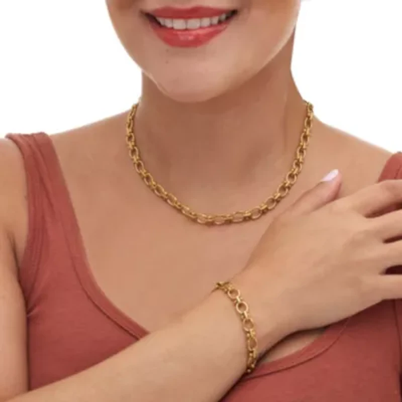 Round Yellow Gold Ion-Plated Stainless Steel Link Necklace Set, 18 to 20-inch