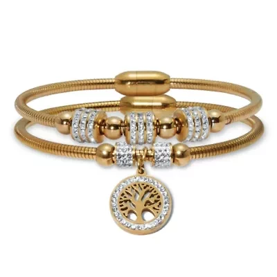 Crystal Gold Ion-Plated Stainless Steel Tree of Life Charm Bracelet Set 7-inch