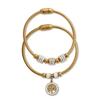 Crystal Gold Ion-Plated Stainless Steel Tree of Life Charm Bracelet Set 7-inch
