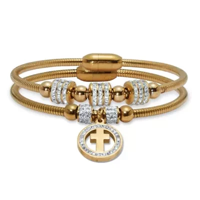 Round Crystal Gold Ion-Plated Stainless Steel Cross Charm Bracelet Set 7-inch