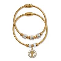 Round Crystal Gold Ion-Plated Stainless Steel Cross Charm Bracelet Set 7-inch