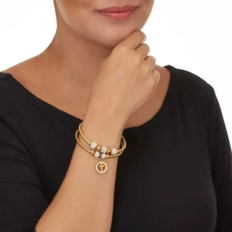Round Crystal Gold Ion-Plated Stainless Steel Cross Charm Bracelet Set 7-inch