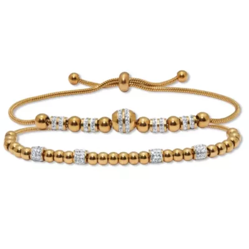 Round Crystal Gold Ion-Plated Stainless Steel Beaded Bracelet Set 7-inch