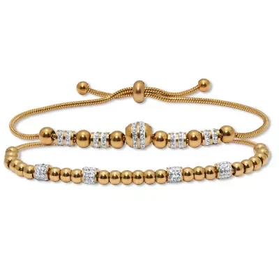 Round Crystal Gold Ion-Plated Stainless Steel Beaded Bracelet Set 7-inch