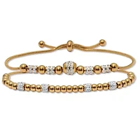 Round Crystal Gold Ion-Plated Stainless Steel Beaded Bracelet Set 7-inch