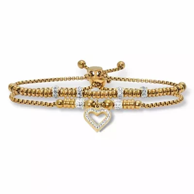 Round Crystal Gold Ion-Plated Stainless Steel Heart Charm Bracelet Set 7-inch